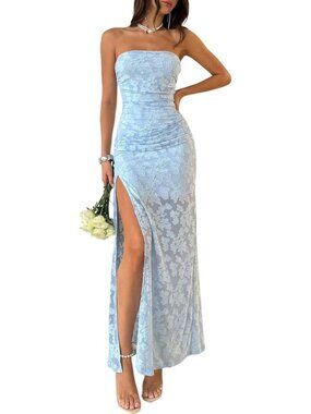 Blue Strapless High Split Bodycon Maxi Dress for Wedding Guests - Small Size